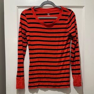 GAP Women's Red and Black Striped Long Sleeve Tee